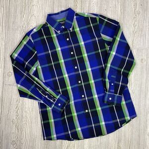 Chaps Stretch Easy Care Button Front Shirt Blue Green Plaid Size Medium